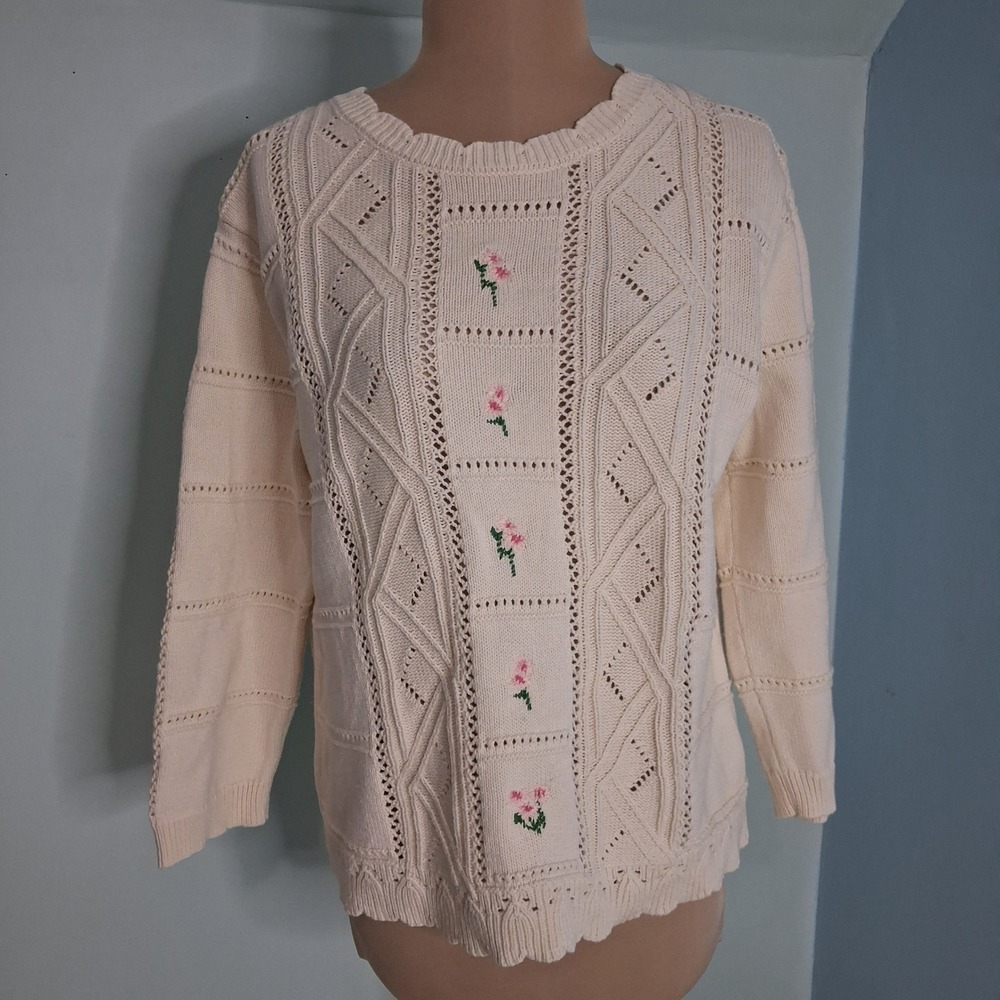 WoolOvers Womens cottagecore Cotton Knit Floral Embroidered Sweater Size M